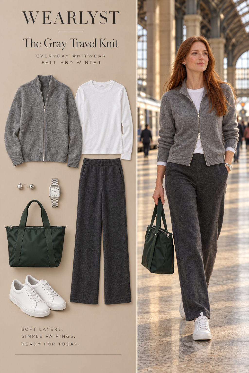 Zip cardigan and knit pants for women