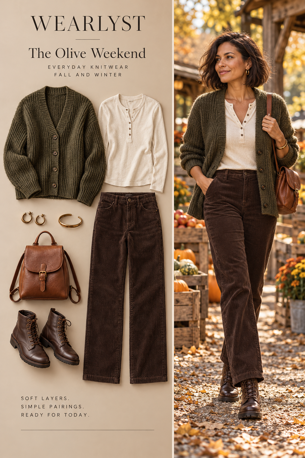 Olive cardigan and brown cords for women