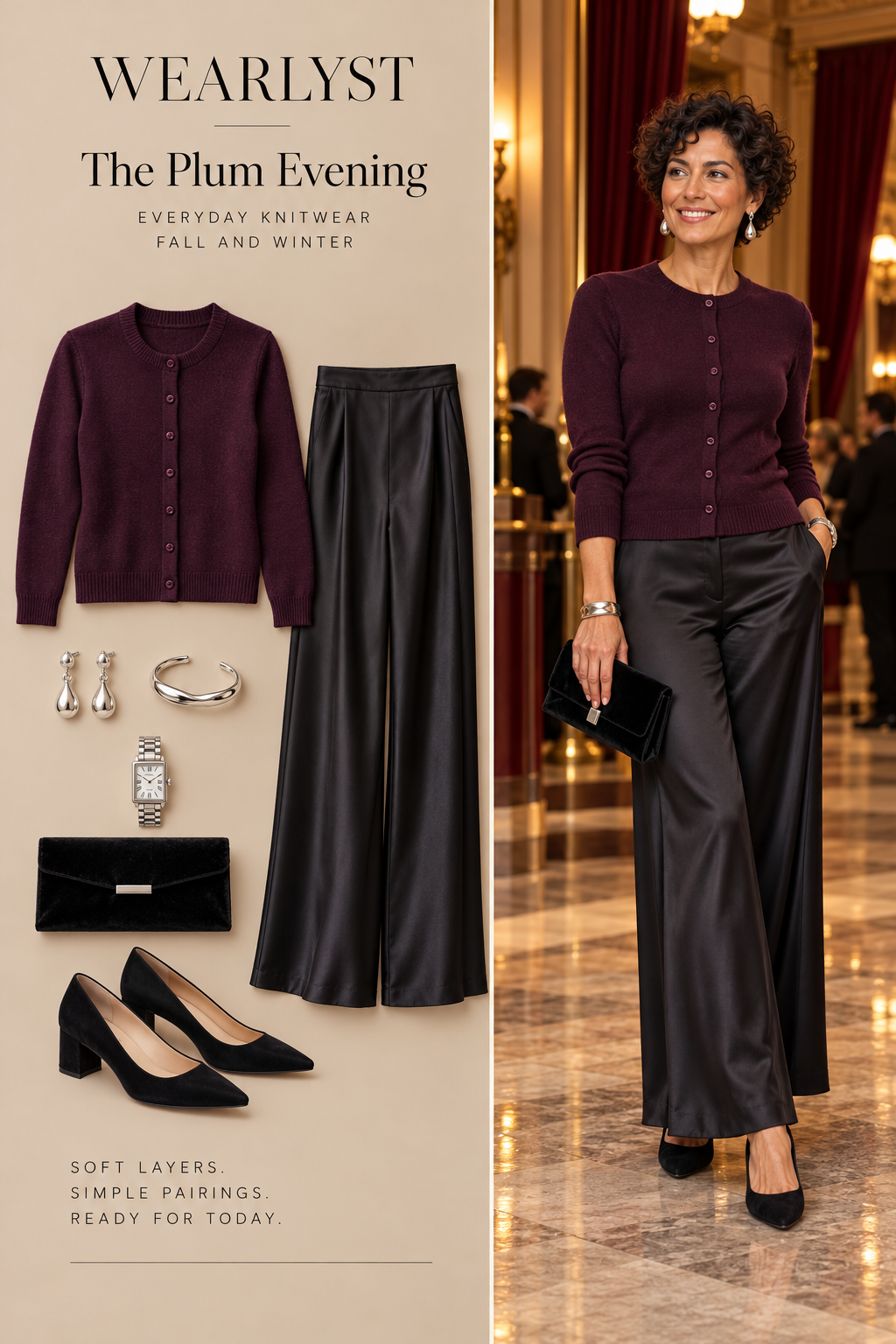 Plum cardigan and satin trousers for women