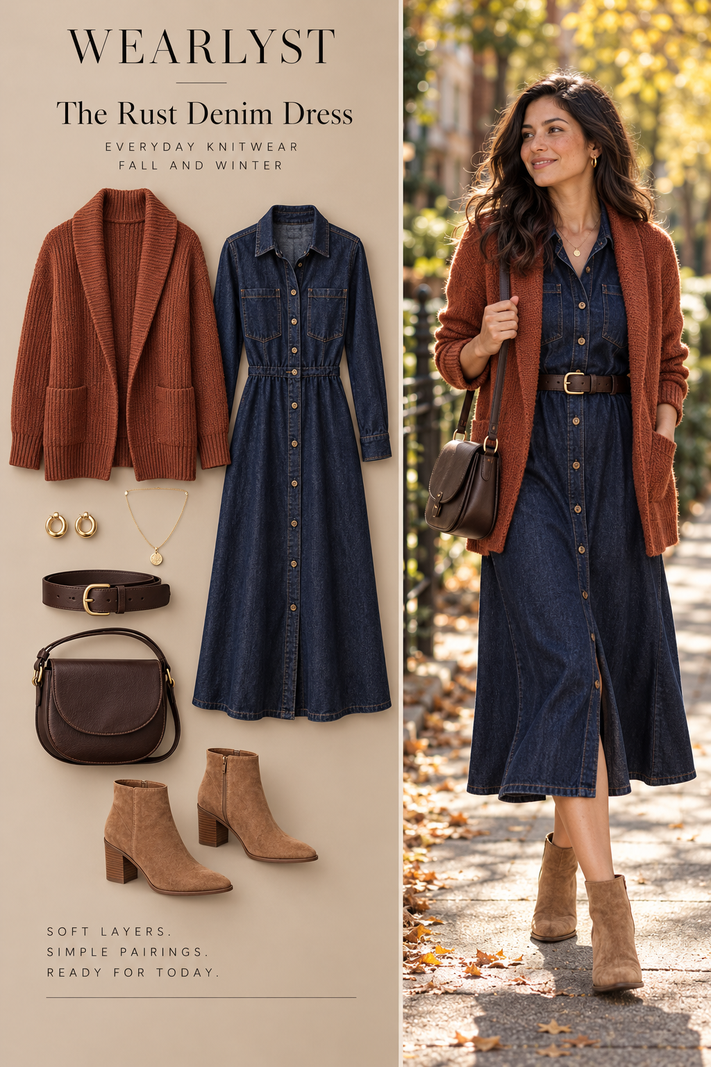 Rust cardigan and denim dress for women