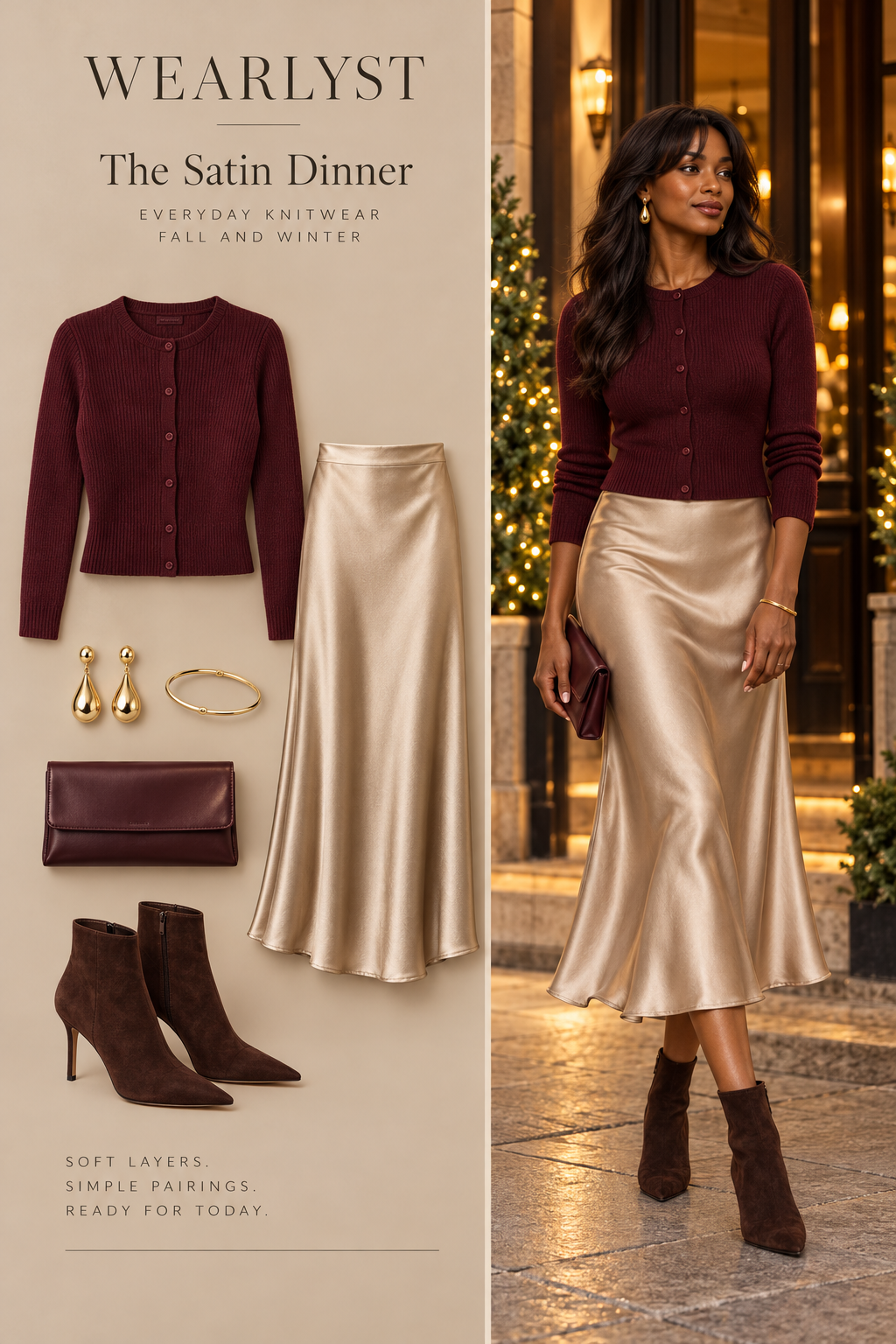 Cropped cardigan and satin skirt for women