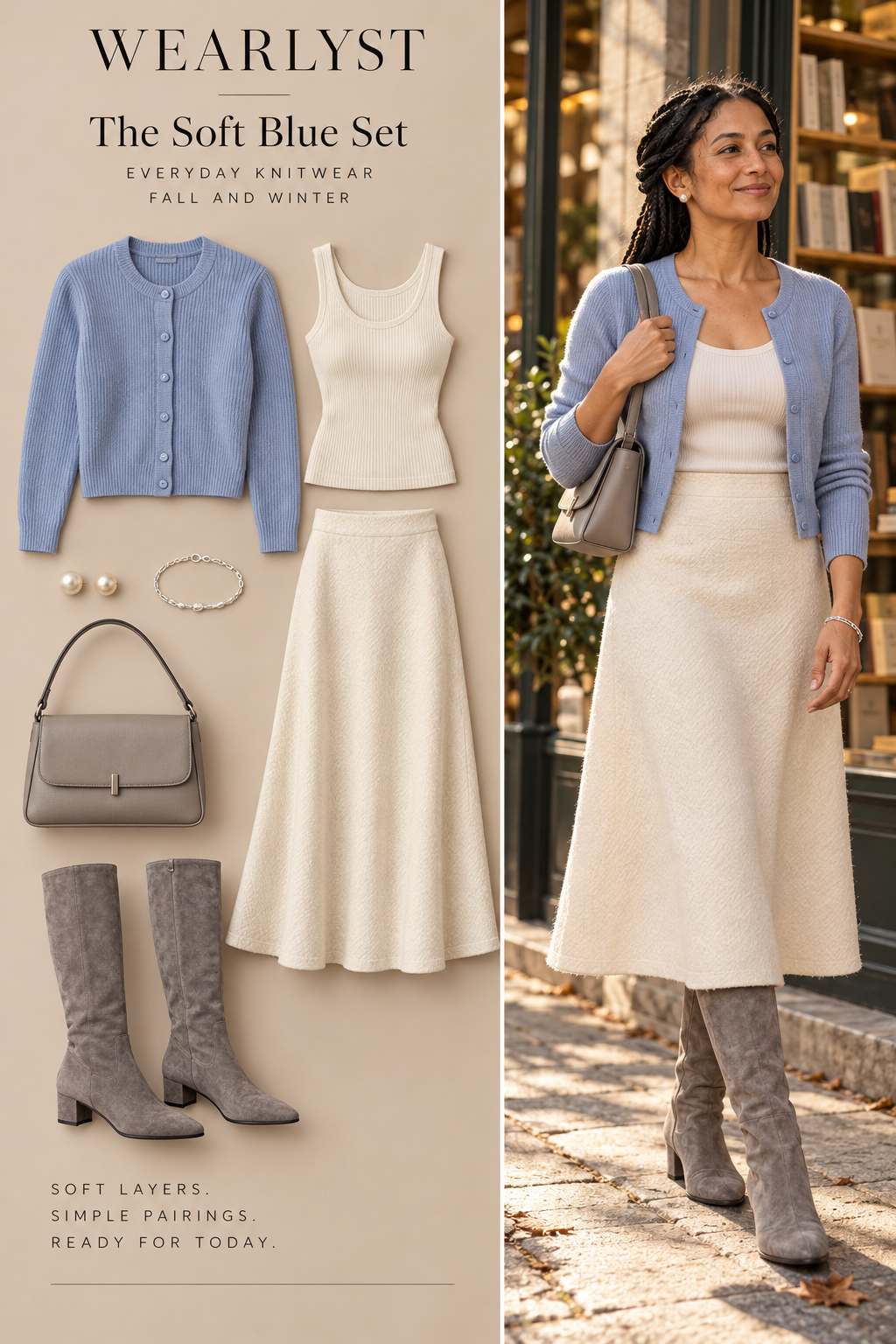 Blue cardigan and ivory skirt for women