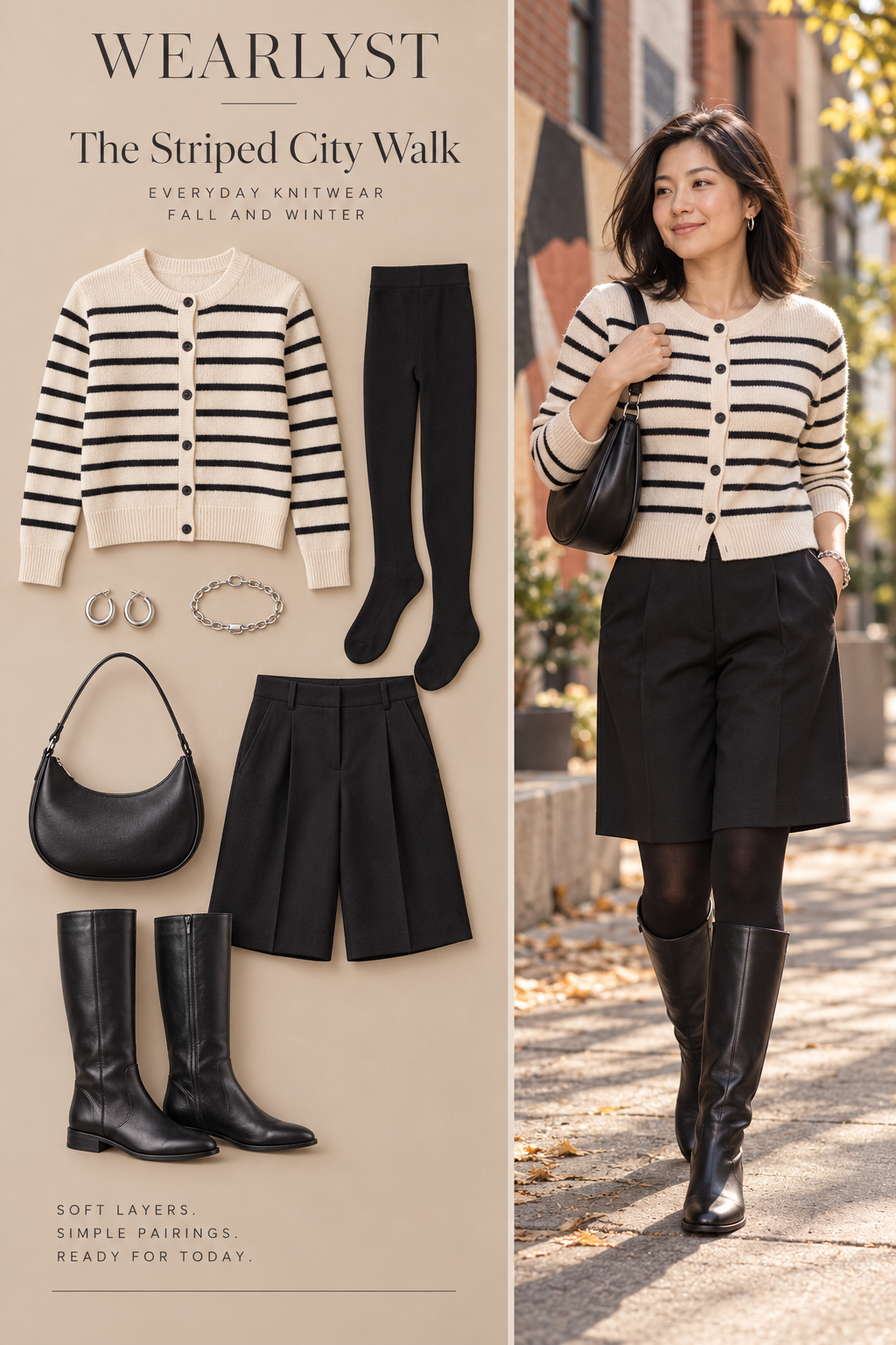Striped cardigan and tailored shorts for women