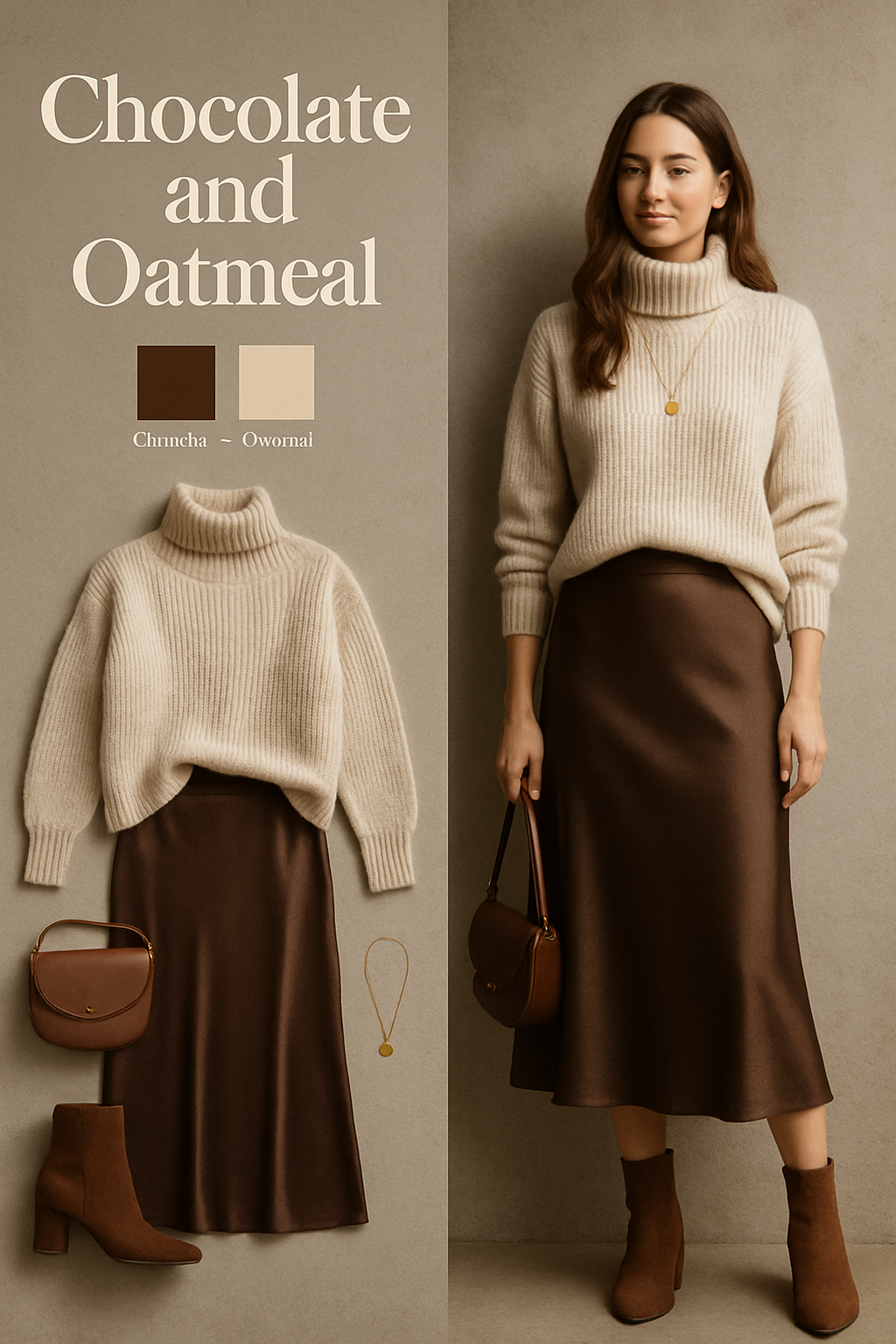 Chocolate and oatmeal family photo outfit: oatmeal turtleneck with chocolate brown satin midi skirt and suede ankle boots