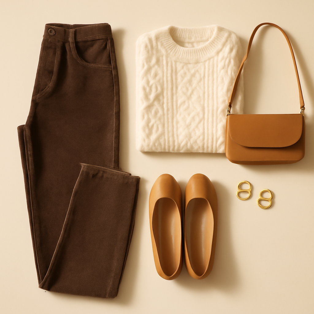 Chocolate brown jeans outfit with cream cable-knit sweater, tan ballet flats and tan shoulder bag