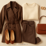 Chocolate brown outfits flat lay: brown trench coat, cream sweater, chocolate brown jeans, suede ballet flats and brown leather bag