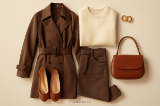 Chocolate brown outfits flat lay: brown trench coat, cream sweater, chocolate brown jeans, suede ballet flats and brown leather bag
