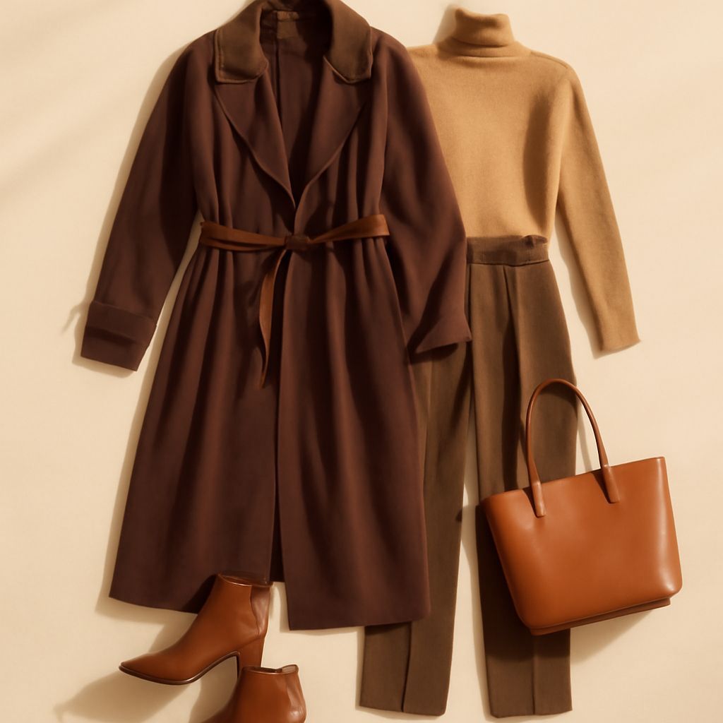 Chocolate brown trench coat outfit with camel turtleneck, brown trousers, ankle boots and cognac tote