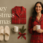 Christmas pajamas for women: red plaid flannel pajama set with cream slippers and a mug