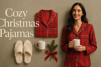 Christmas pajamas for women: red plaid flannel pajama set with cream slippers and a mug