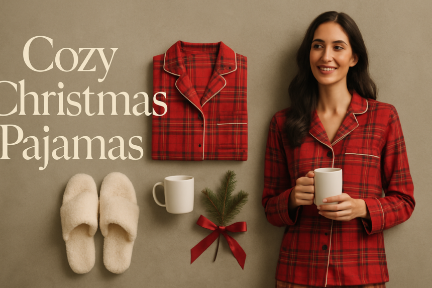 Christmas pajamas for women: red plaid flannel pajama set with cream slippers and a mug