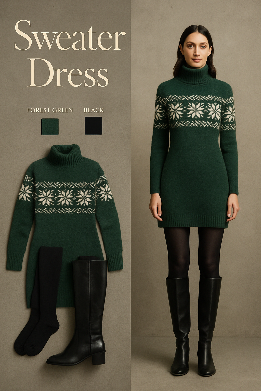 Green snowflake knit sweater dress with black tights and knee-high boots