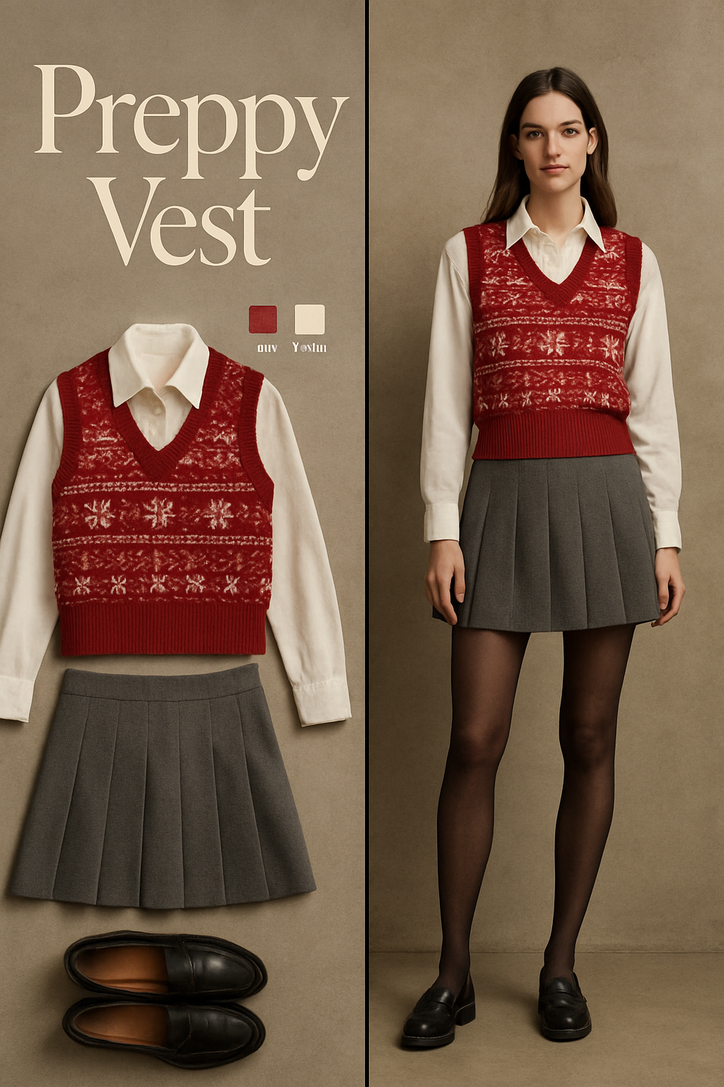 Red holiday sweater vest over a white collared shirt with a pleated mini skirt