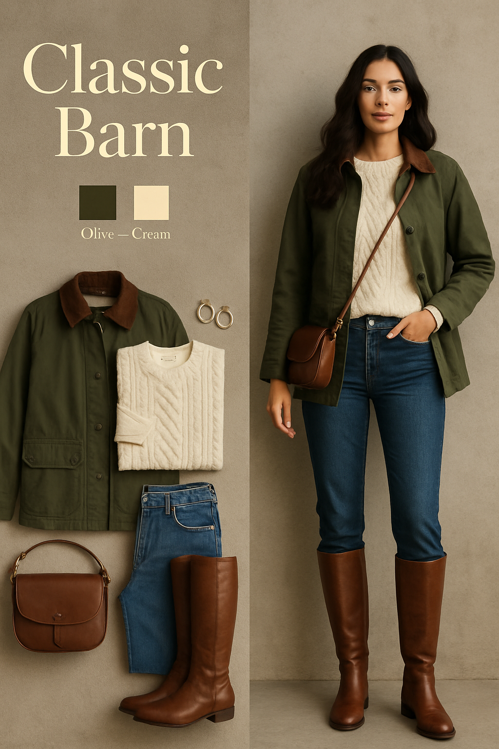 Classic barn jacket outfit: olive barn jacket with corduroy collar, cream cable-knit sweater, straight jeans and brown riding boots