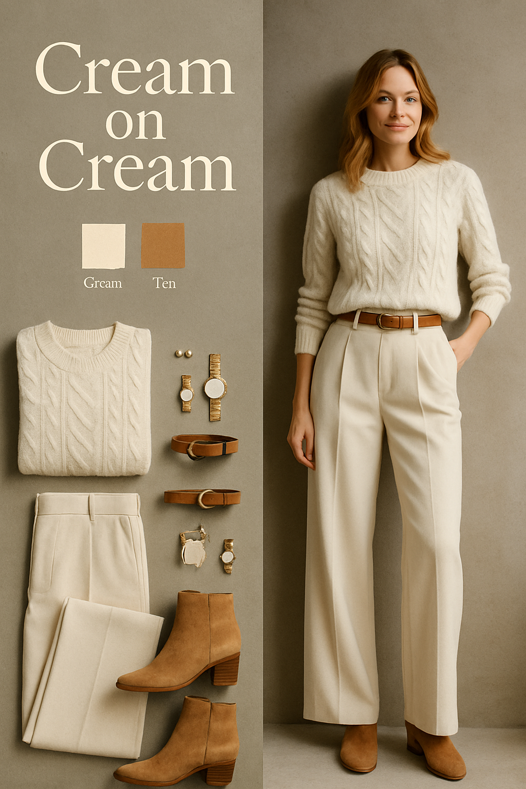 Cream neutral family photo outfit: cream cable-knit sweater with cream wide-leg trousers and tan suede boots