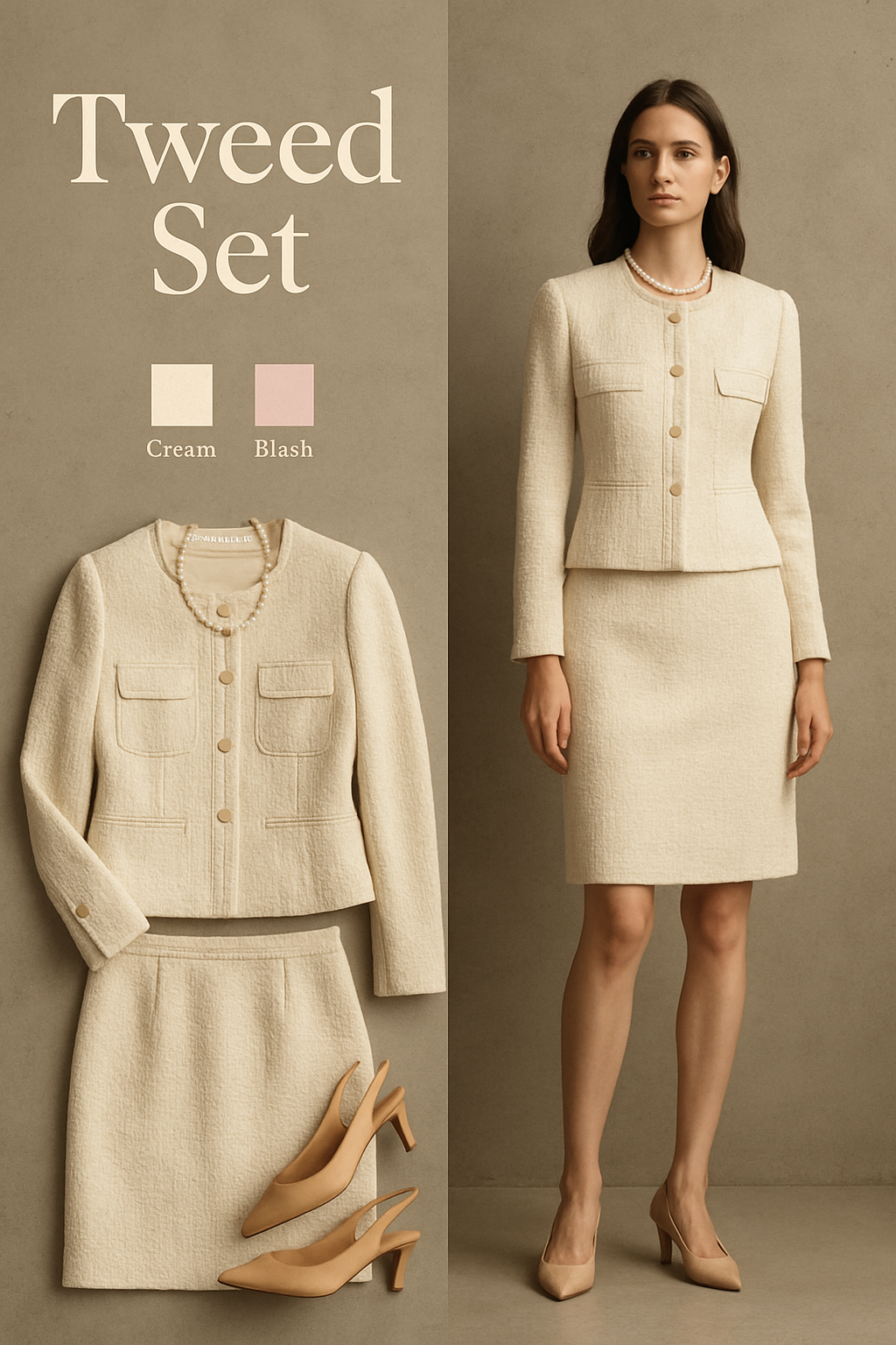 Cream tweed jacket and skirt set with pearls and slingback heels