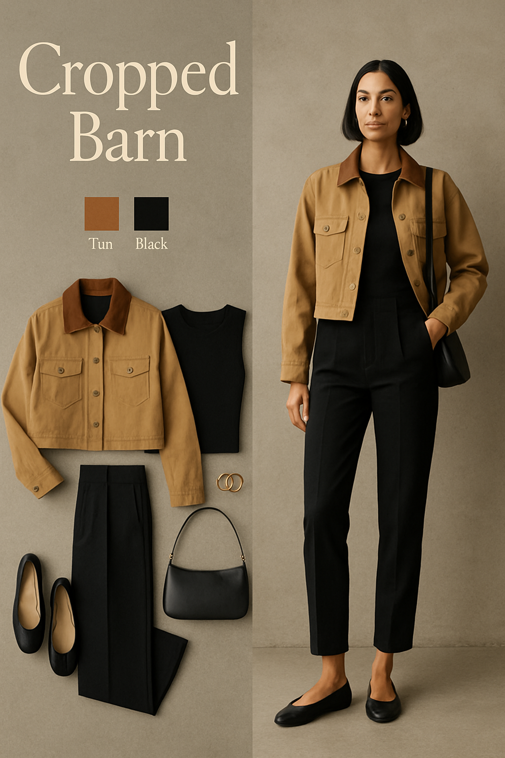 Cropped barn jacket outfit: cropped tan barn jacket with black knit top, high-waisted black trousers and ballet flats