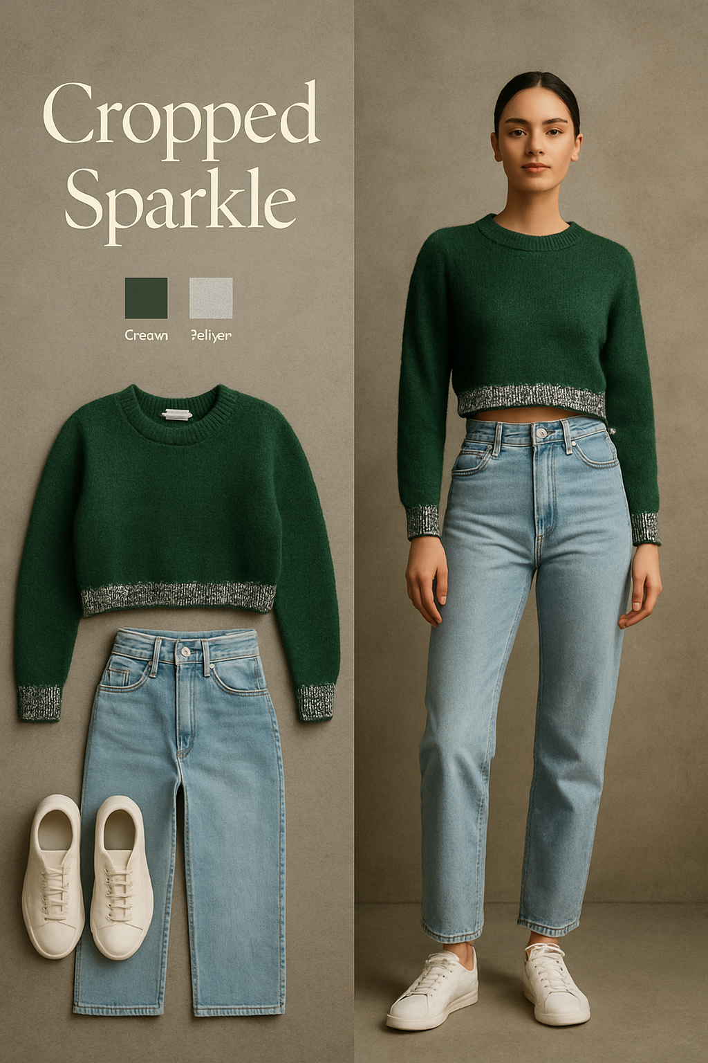 Cropped green sequin Christmas sweater with high-waisted jeans