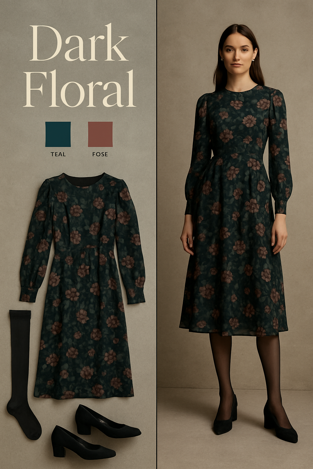 Dark floral long-sleeve midi dress with tights and block-heel pumps