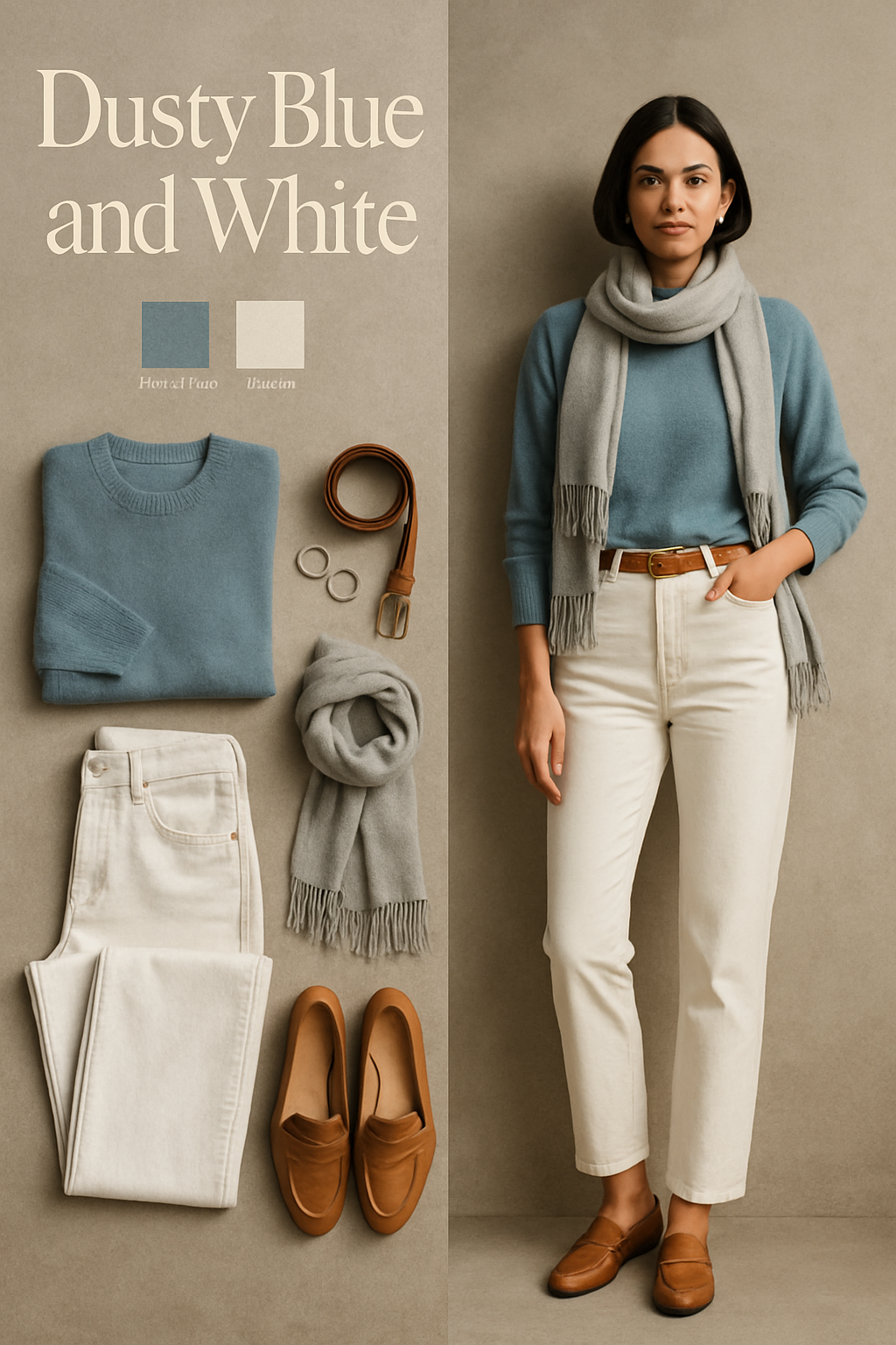 Dusty blue and white family photo outfit: dusty blue sweater with white jeans and tan loafers