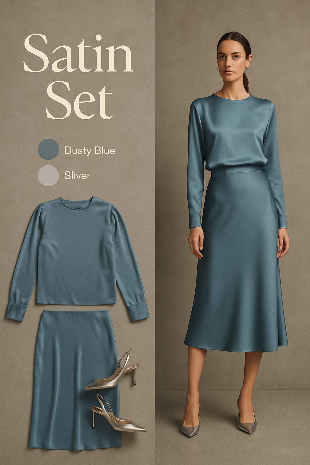 Dusty blue satin top and midi skirt set with silver heels