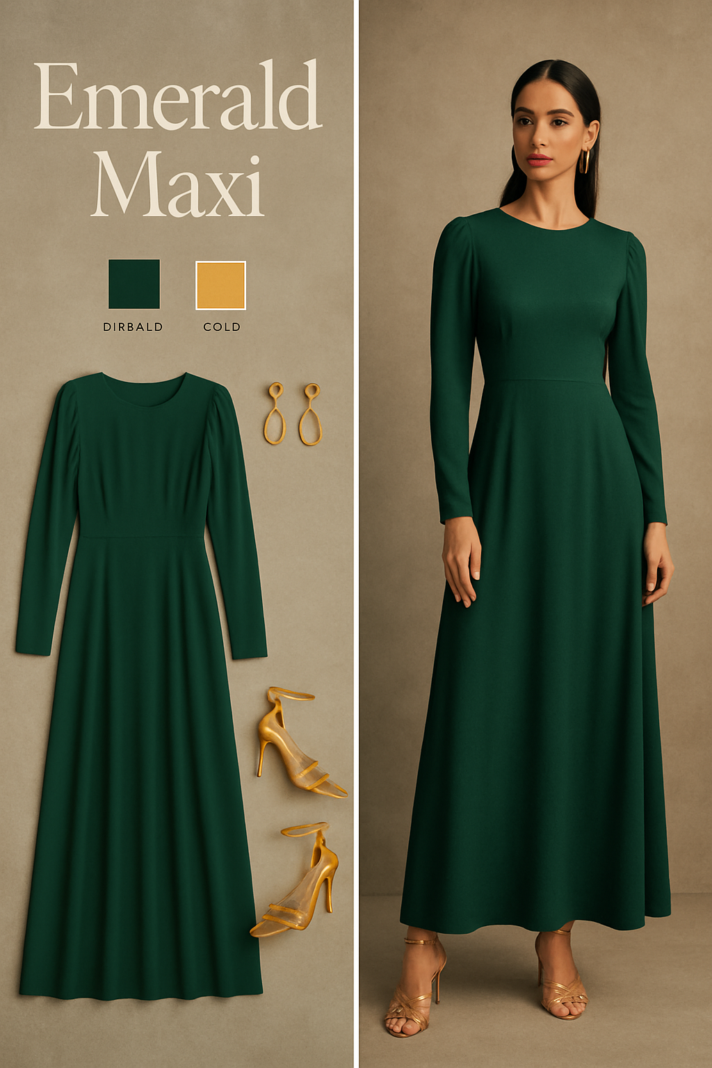 Emerald green long-sleeve maxi dress with gold earrings