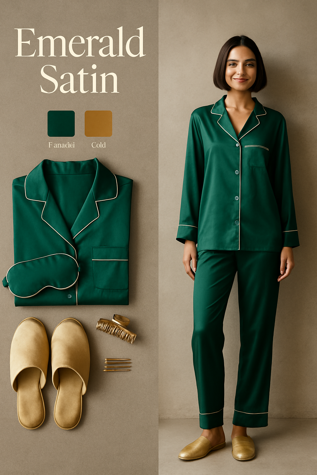 Emerald green satin Christmas pajamas for women with a piped button-up top and pants
