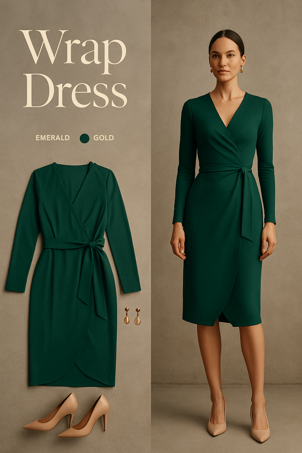 Emerald green wrap dress with nude pumps and gold earrings