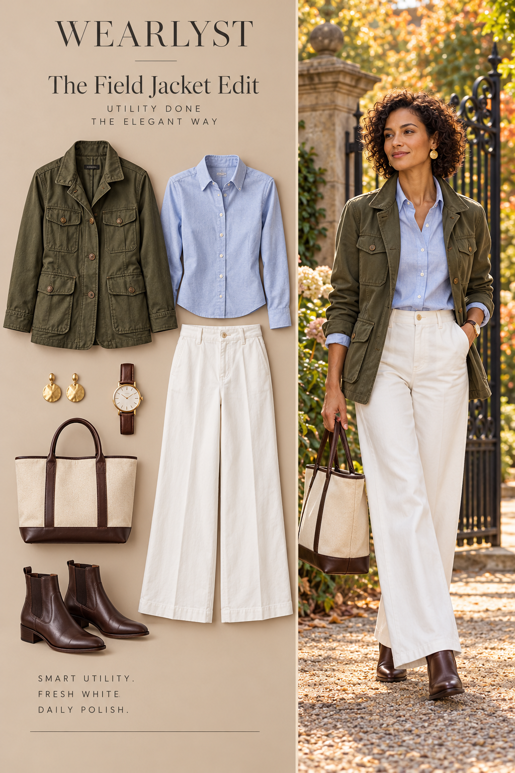 Olive field jacket, blue shirt, white trousers and brown boots