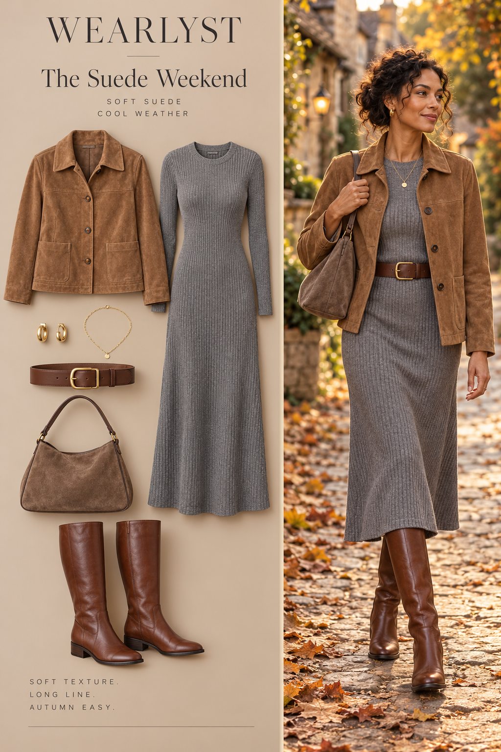 Tan suede jacket, gray knit dress, belt and chestnut riding boots