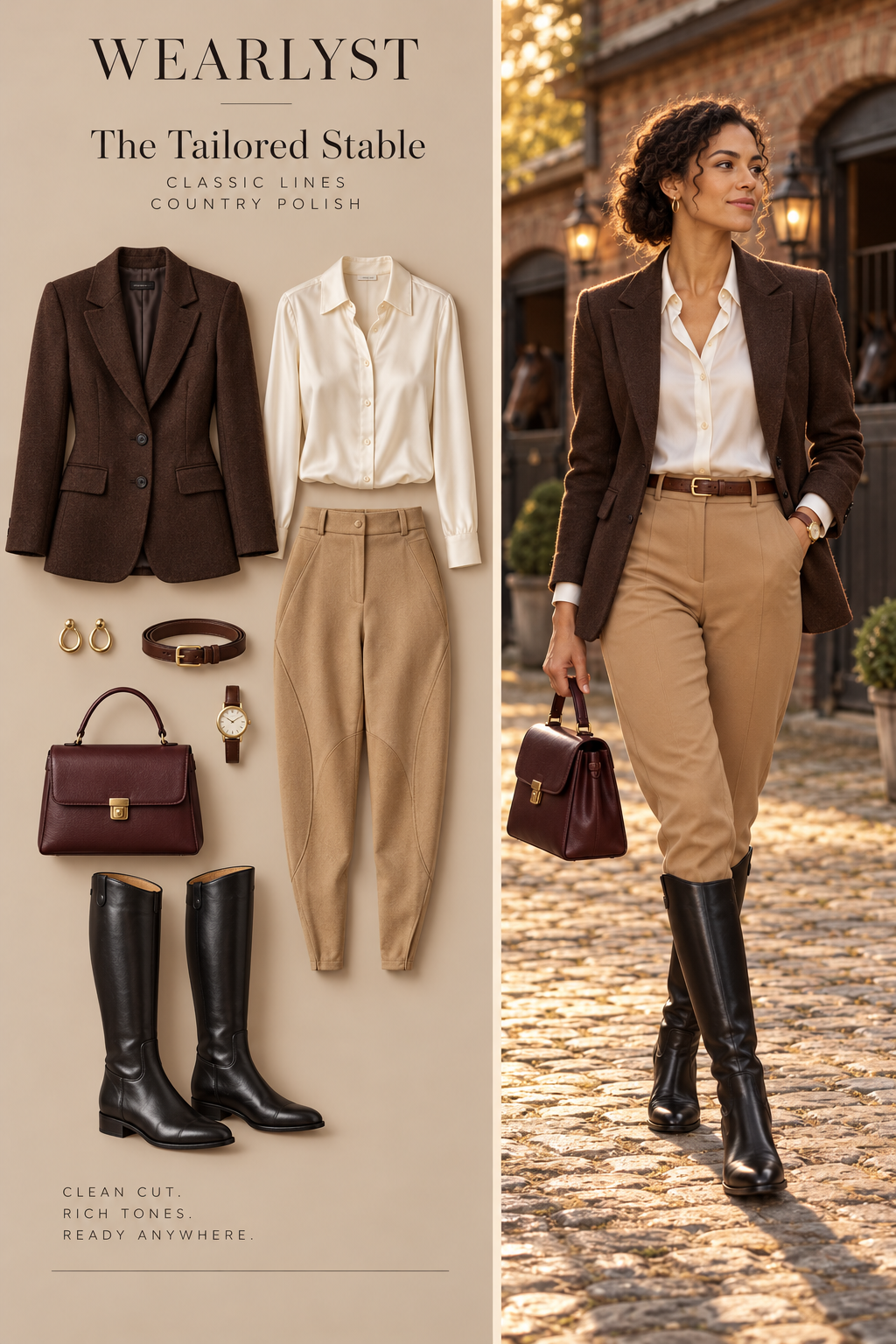 Chocolate blazer, ivory blouse, camel jodhpur pants and black riding boots