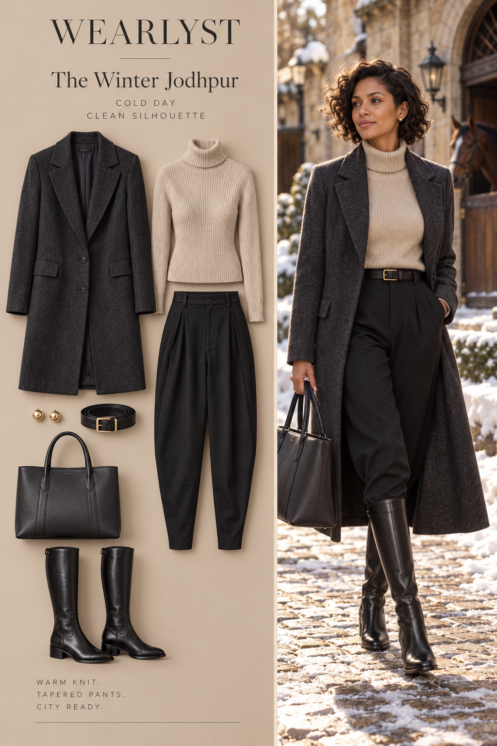 Cream turtleneck, black jodhpur pants, long coat and black riding boots