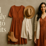 Fall family photo outfits for women: rust midi dress with cream cardigan, tan ankle boots and felt hat