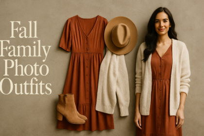 Fall family photo outfits for women: rust midi dress with cream cardigan, tan ankle boots and felt hat