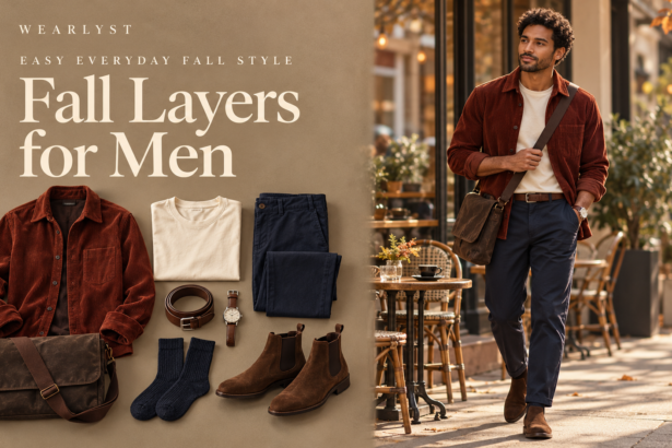 Fall outfits for men with corduroy, knitwear, and practical layers