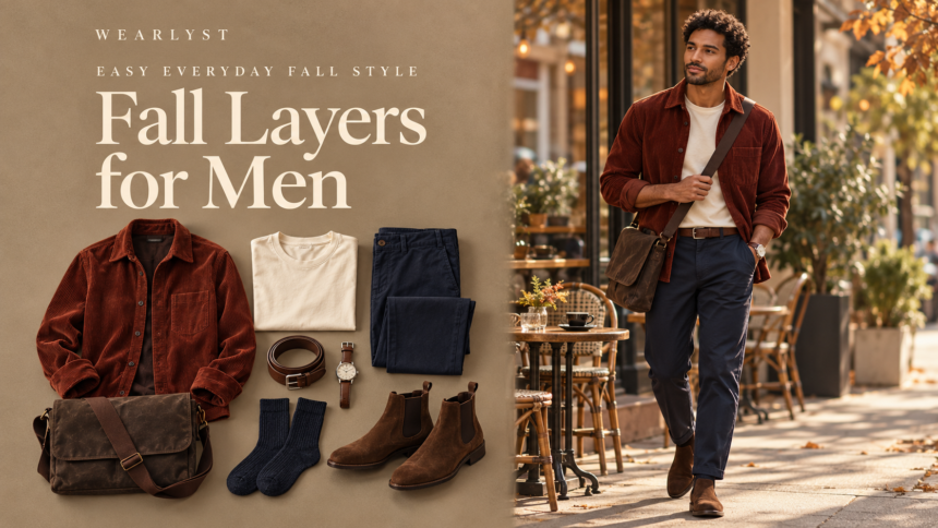 Fall outfits for men with corduroy, knitwear, and practical layers