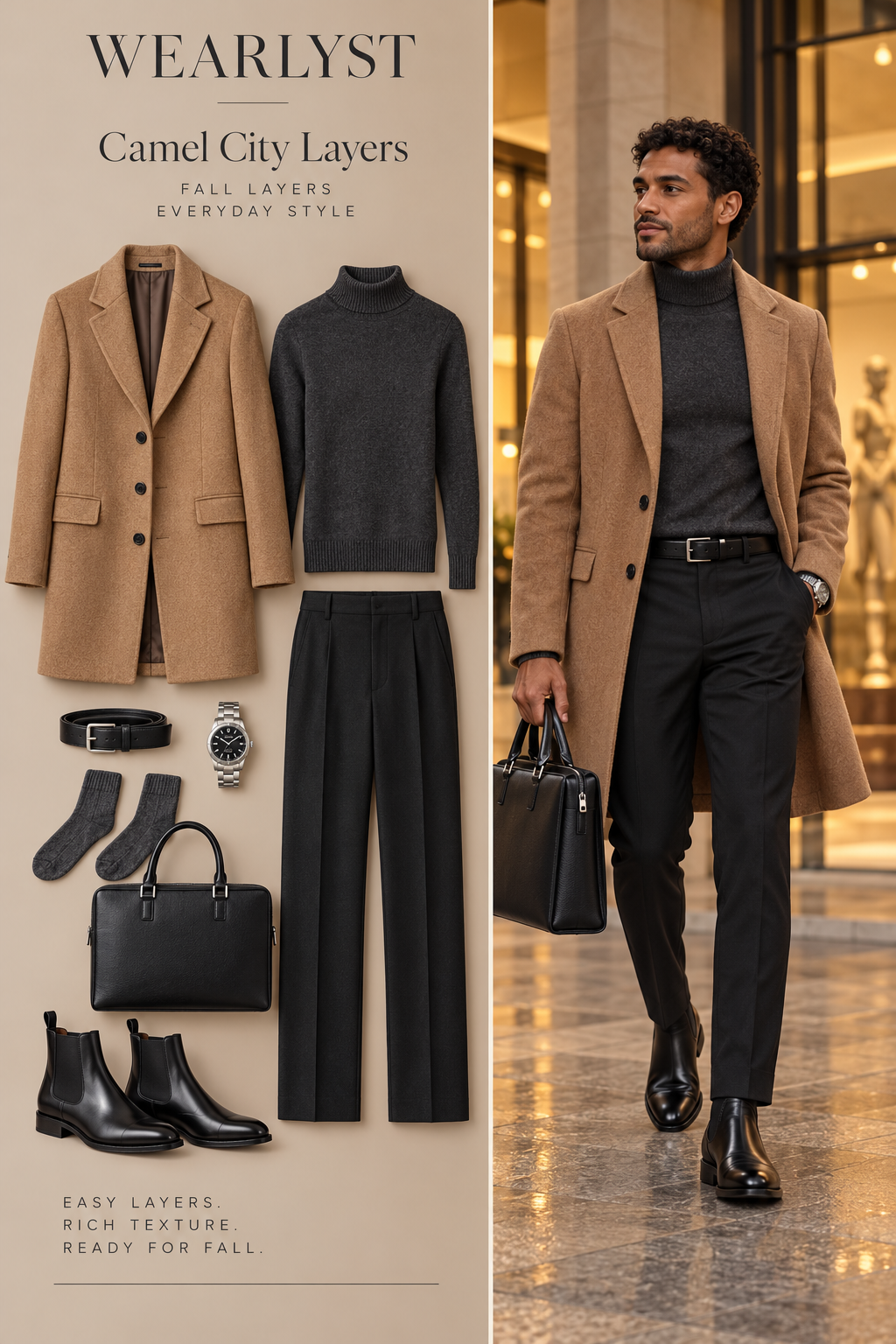 Camel City Layers outfit for men with camel wool overcoat