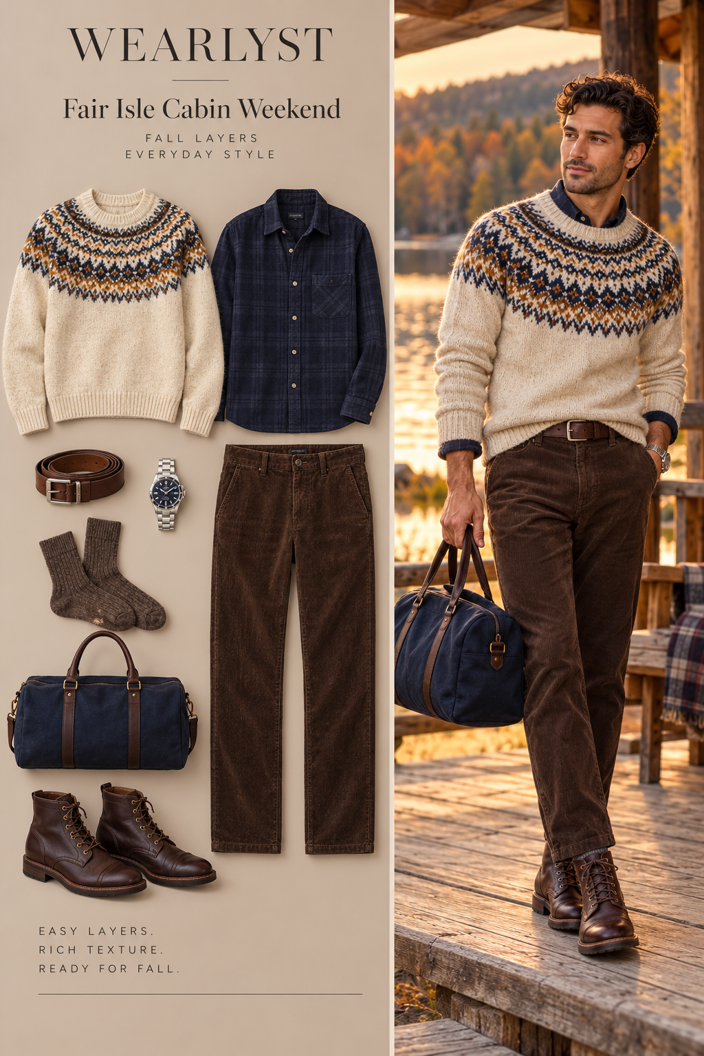 Fair Isle Cabin Weekend outfit for men with cream wool Fair Isle sweater with navy and ochre pattern