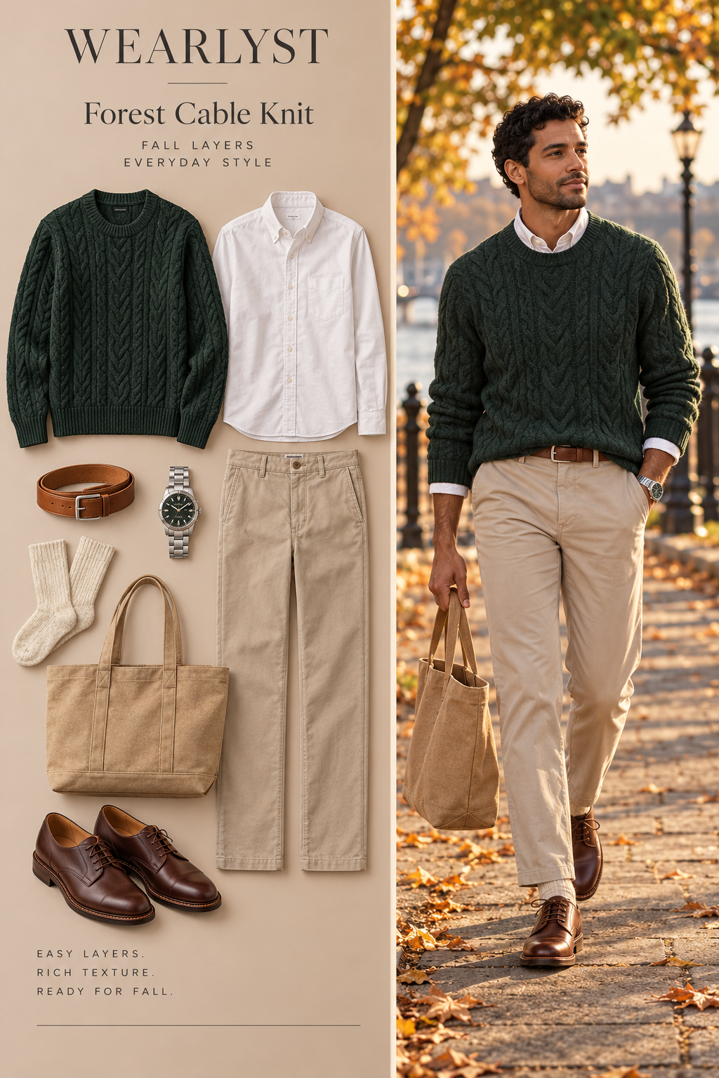 Forest Cable Knit outfit for men with forest green wool cable-knit sweater