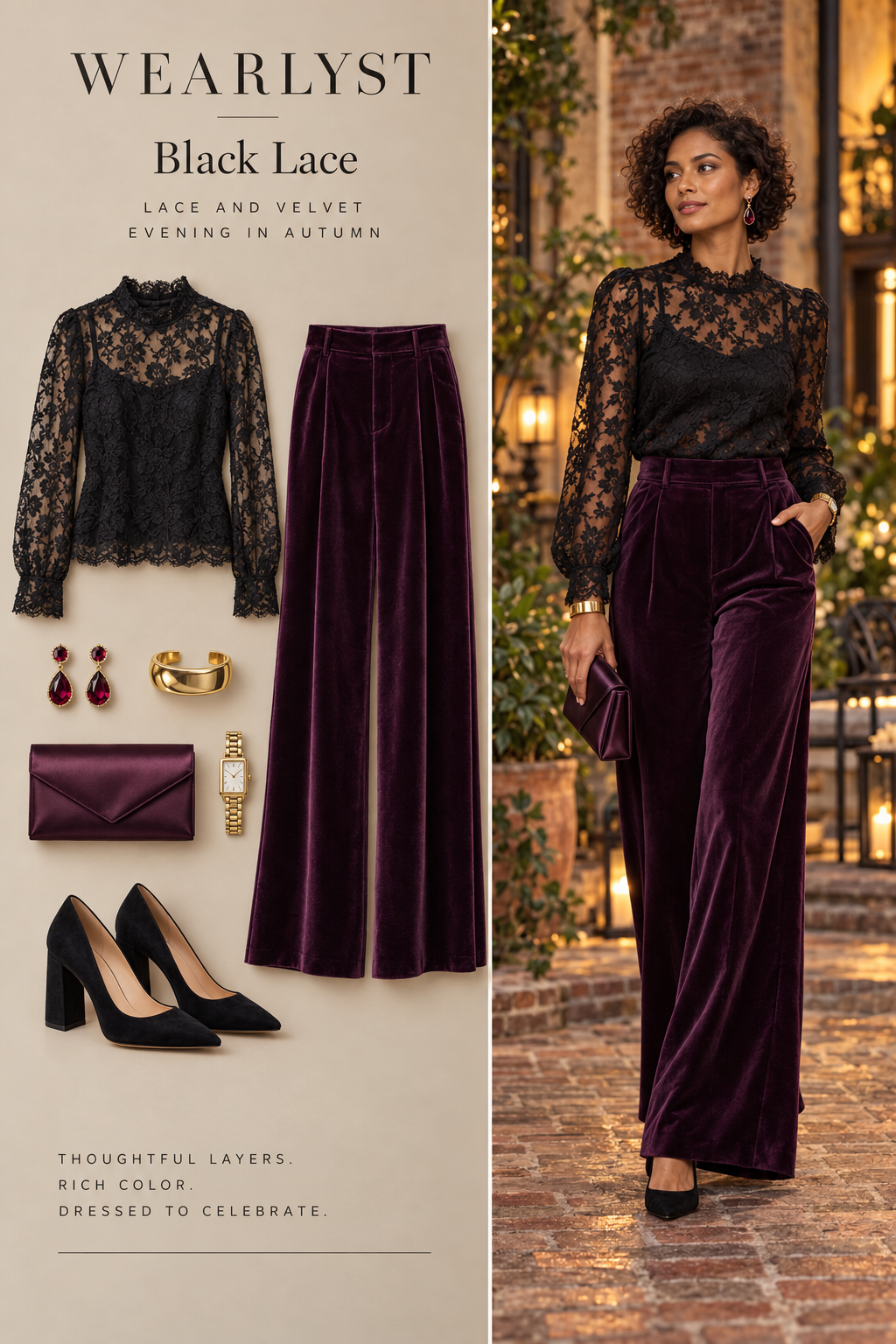 Black Lace wedding guest outfit with coordinated jewelry, clutch or bag and dress shoes