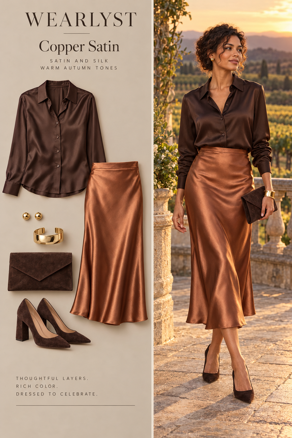 Copper Satin wedding guest outfit with coordinated jewelry, clutch or bag and dress shoes