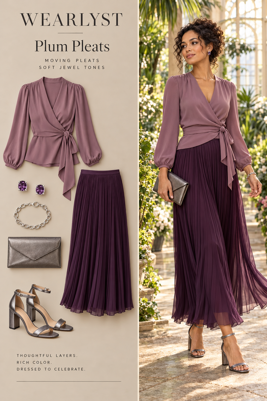 Plum Pleats wedding guest outfit with coordinated jewelry, clutch or bag and dress shoes
