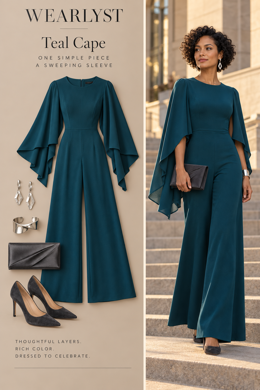 Teal Cape wedding guest outfit with coordinated jewelry, clutch or bag and dress shoes
