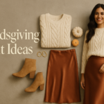 Friendsgiving outfit ideas: cream cable-knit sweater with rust satin midi skirt and tan ankle boots