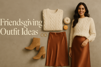 Friendsgiving outfit ideas: cream cable-knit sweater with rust satin midi skirt and tan ankle boots