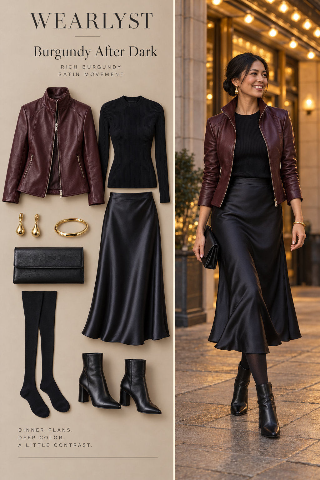 Burgundy funnel-neck leather jacket with black satin midi skirt, tights, and block-heel boots