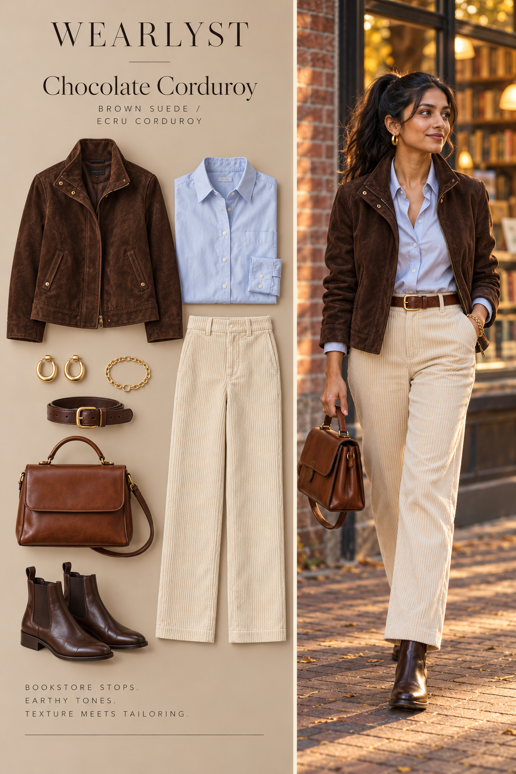 Brown suede funnel-neck jacket with pale blue shirt, ecru corduroy trousers, belt, and Chelsea boots