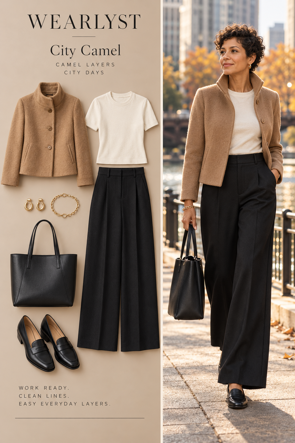 Camel funnel-neck jacket with ivory top, black wide-leg trousers, loafers, and a leather tote