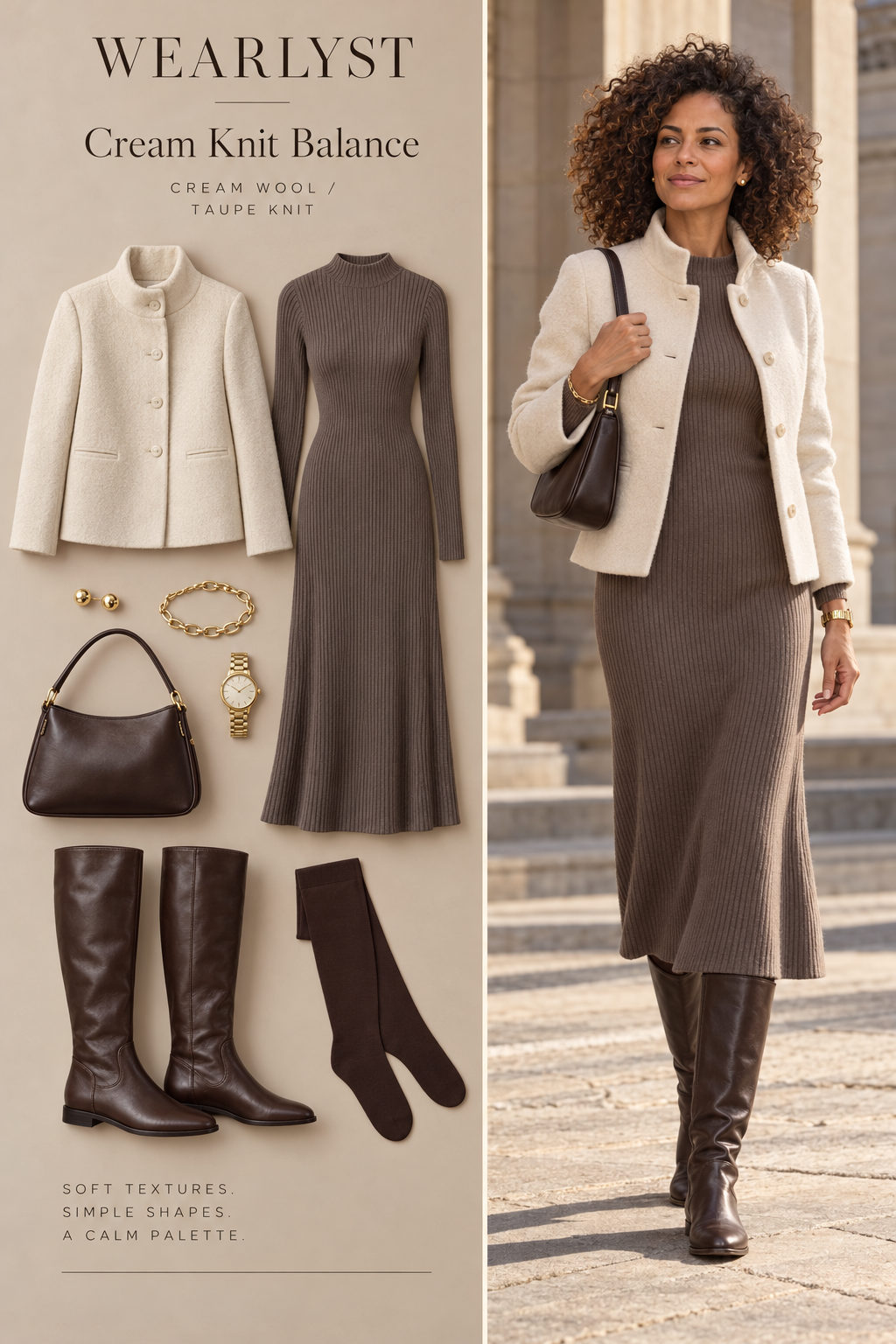 Cream funnel-neck wool jacket over taupe knit midi dress with brown tights and knee-high boots