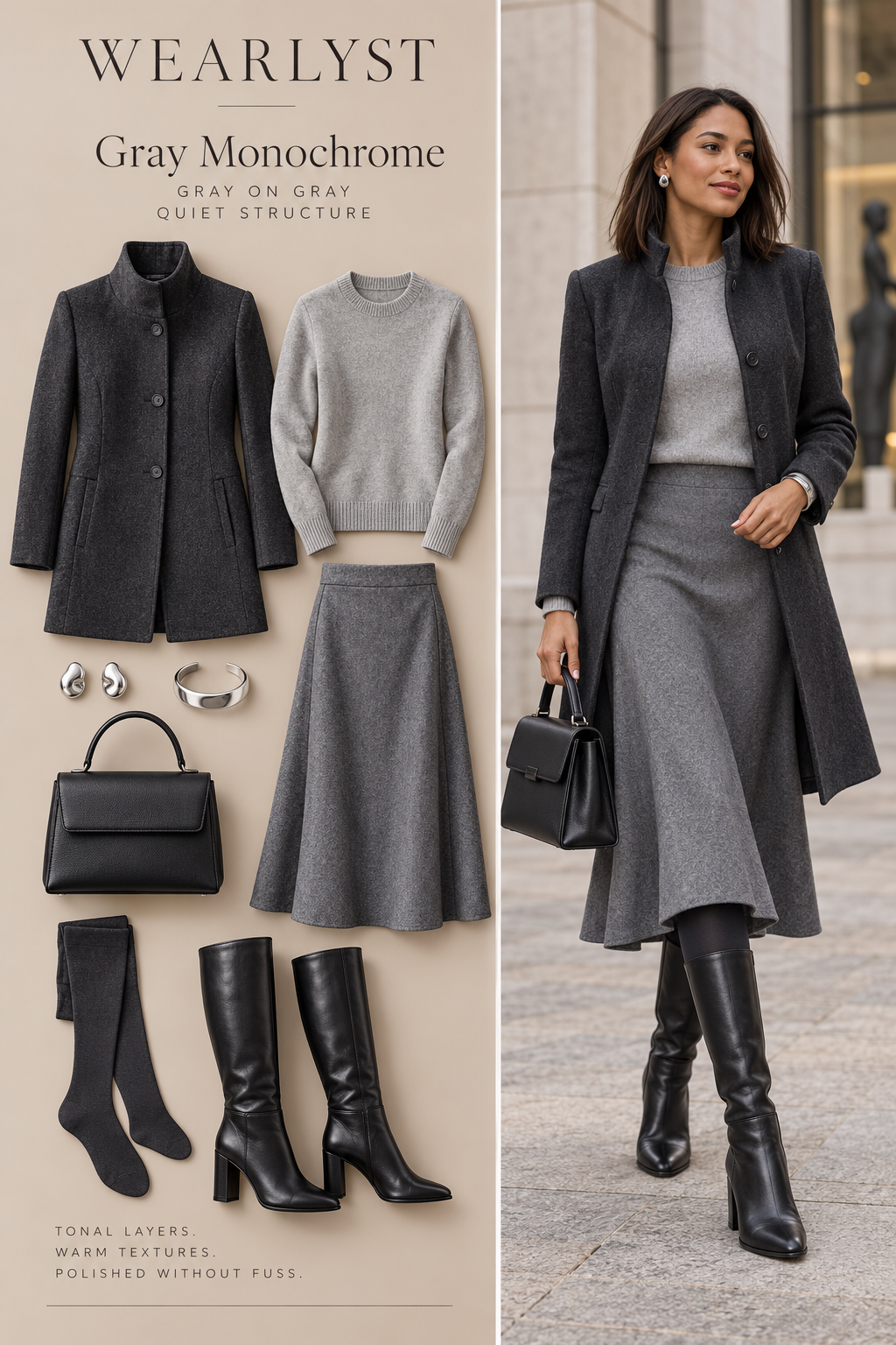Charcoal funnel-neck jacket with gray sweater, gray midi skirt, tights, and black knee-high boots